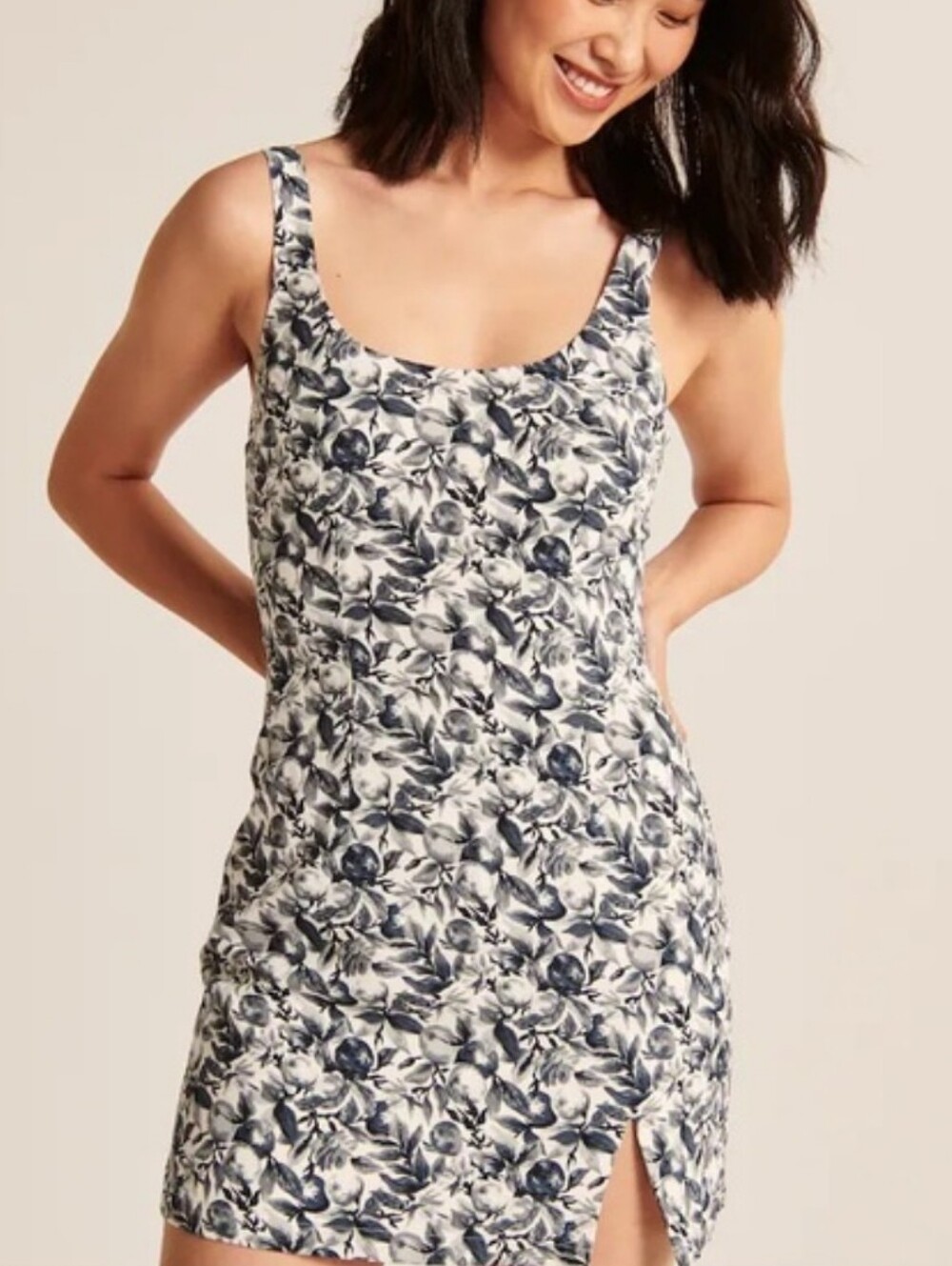 Abercrombie & Fitch Navy Floral Scoop-Neck Mini Dress With Slit And Tie-Back